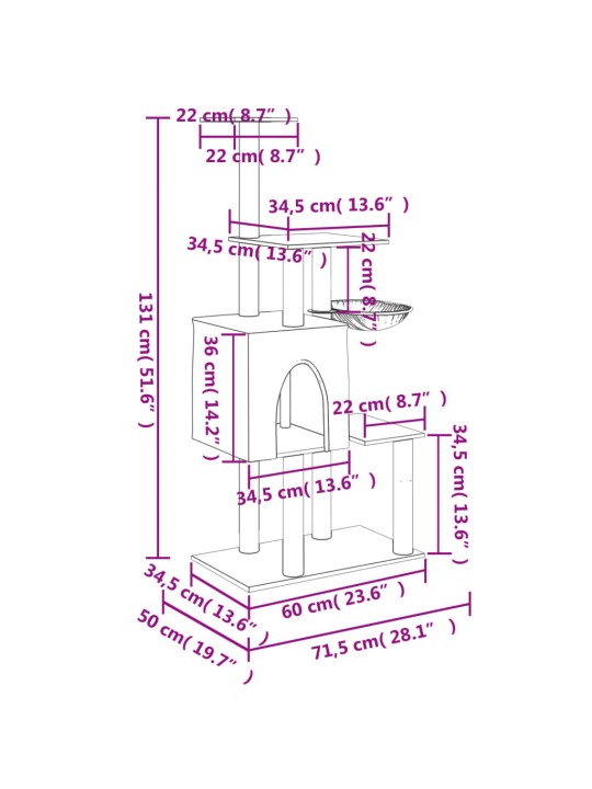 Kissan kiipeilypuu sisal- raapimispylväillä vaaleanharm. 131 cm