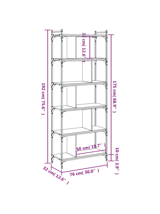 Kirjahylly 6 kerrosta savutammi 76x32x192 cm tekninen puu