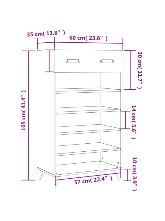 Kenkäkaappi harmaa Sonoma 60x35x105 cm tekninen puu