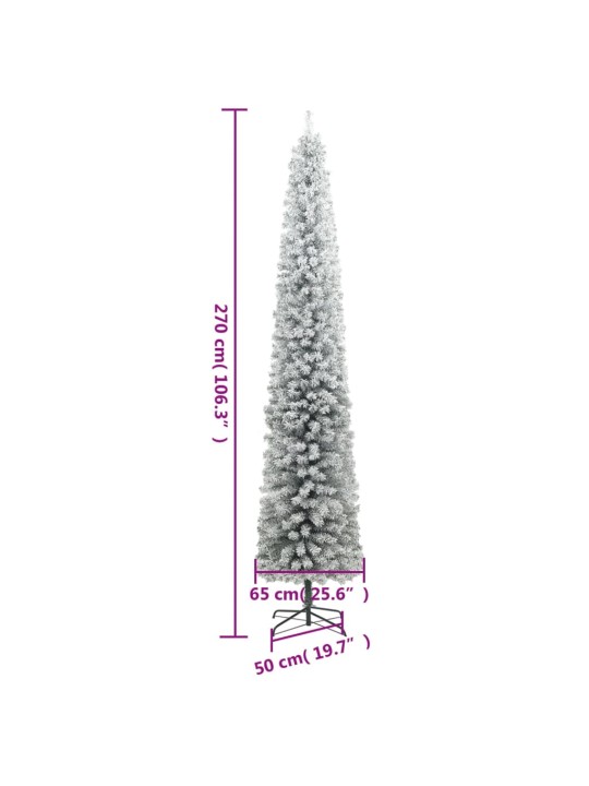 Ohut tekojoulukuusi jalustalla ja lumihuurteella 270 cm PVC