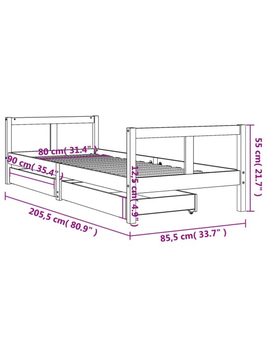 Lasten sängynrunko laatikoilla musta 80x200 cm täysi mänty