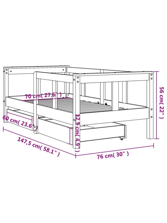 Lasten sängynrunko laatikoilla musta 70x140 cm täysi mänty