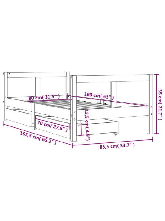 Lasten sängynrunko laatikoilla valkoinen 80x160 cm täysi mänty