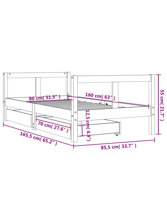 Lasten sängynrunko laatikoilla musta 80x160 cm täysi mänty