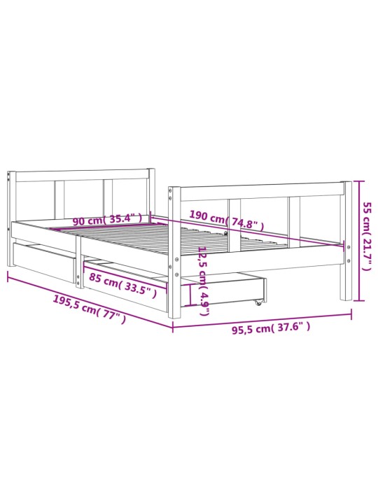 Lasten sängynrunko laatikoilla musta 90x190 cm täysi mänty