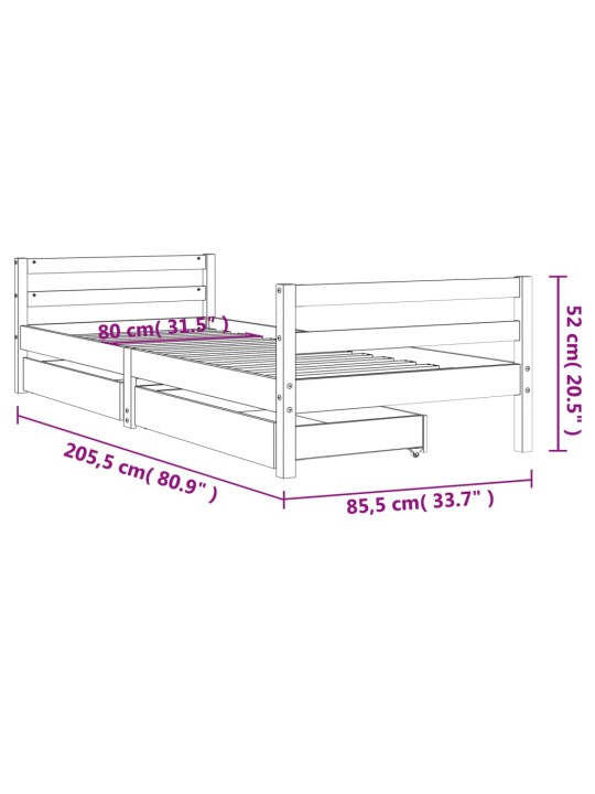 Lasten sängynrunko laatikoilla musta 80x200 cm täysi mänty