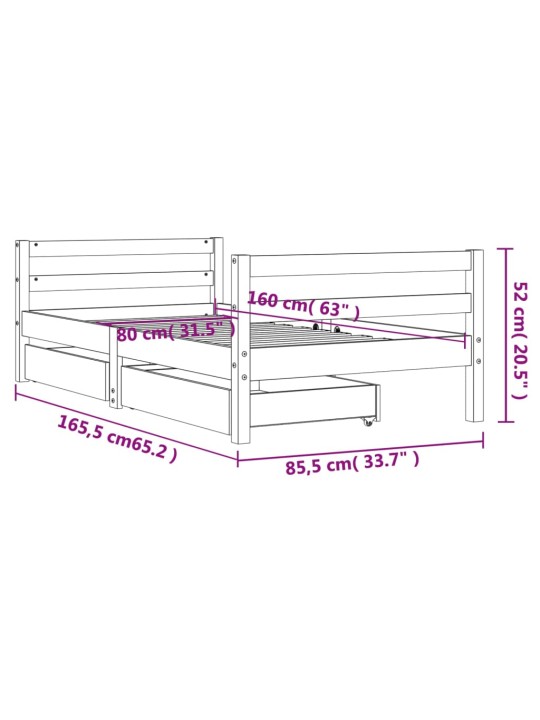Lasten sängynrunko laatikoilla valkoinen 80x160 cm täysi mänty