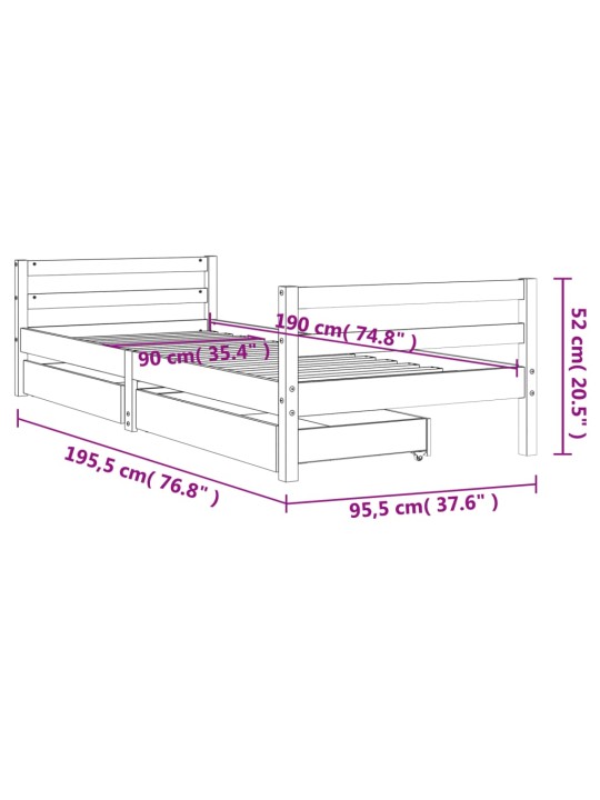 Lasten sängynrunko laatikoilla musta 90x190 cm täysi mänty