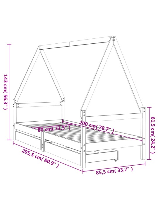 Lasten sängynrunko laatikoilla musta 80x200 cm täysi mänty