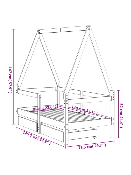 Lasten sängynrunko laatikoilla musta 70x140 cm täysi mänty