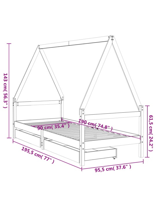 Lasten sängynrunko laatikoilla musta 90x190 cm täysi mänty