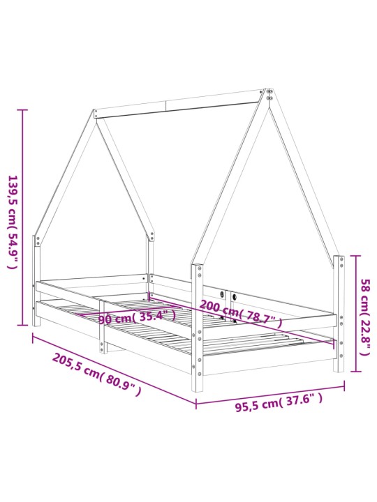 Lasten sängynrunko musta 90x200 cm täysi mänty