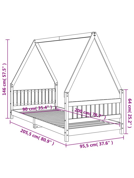 Lasten sängynrunko musta 90x200 cm täysi mänty