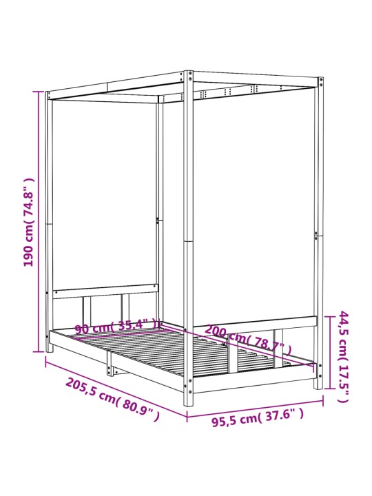 Lasten sängynrunko musta 90x200 cm täysi mänty