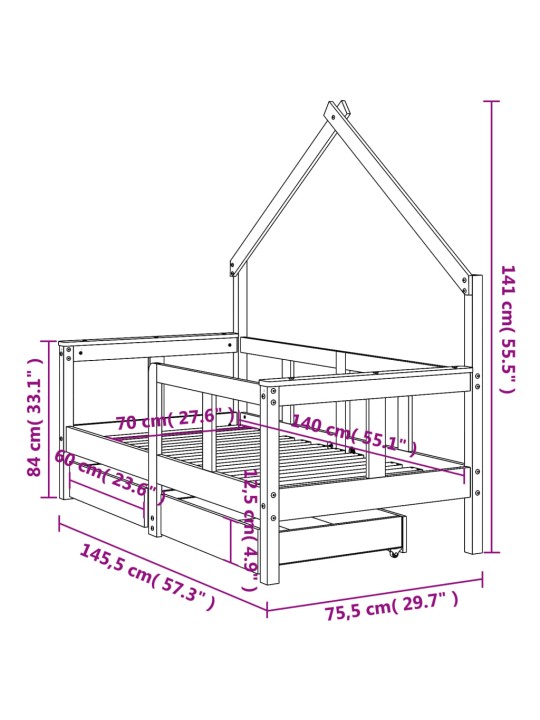 Lasten sängynrunko laatikoilla musta 70x140 cm täysi mänty