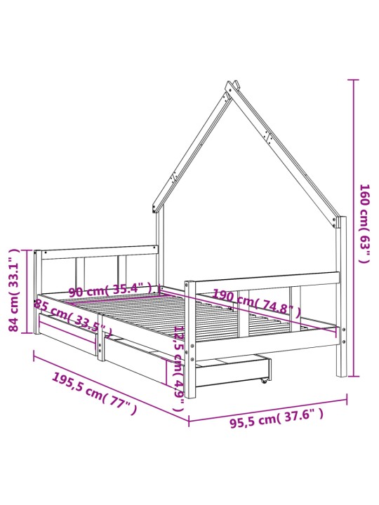 Lasten sängynrunko laatikoilla musta 90x190 cm täysi mänty