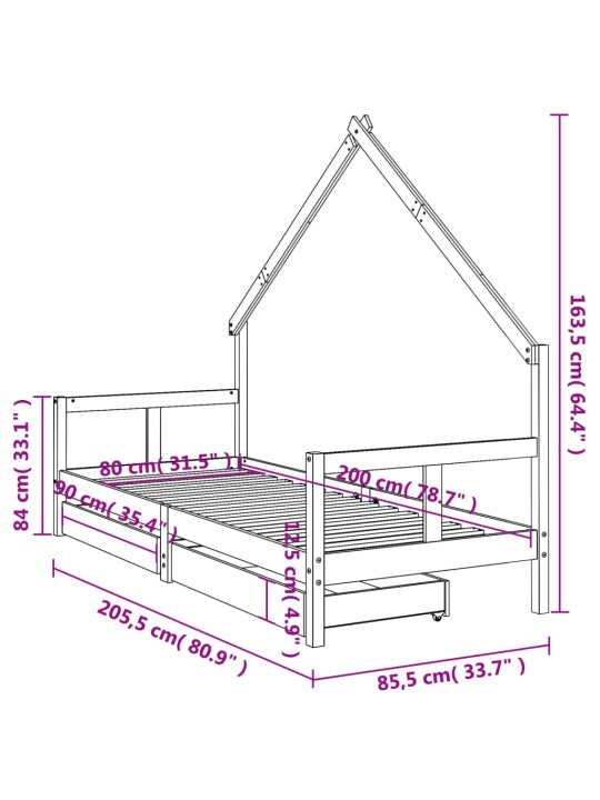 Lasten sängynrunko laatikoilla musta 80x200 cm täysi mänty