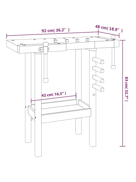 Työpenkki ruuvipuristimilla 92x48x83 cm täysi akasiapuu