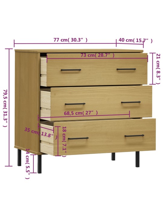 Lipasto 3 laatikolla ruskea 77x40x79,5 cm täyspuu OSLO