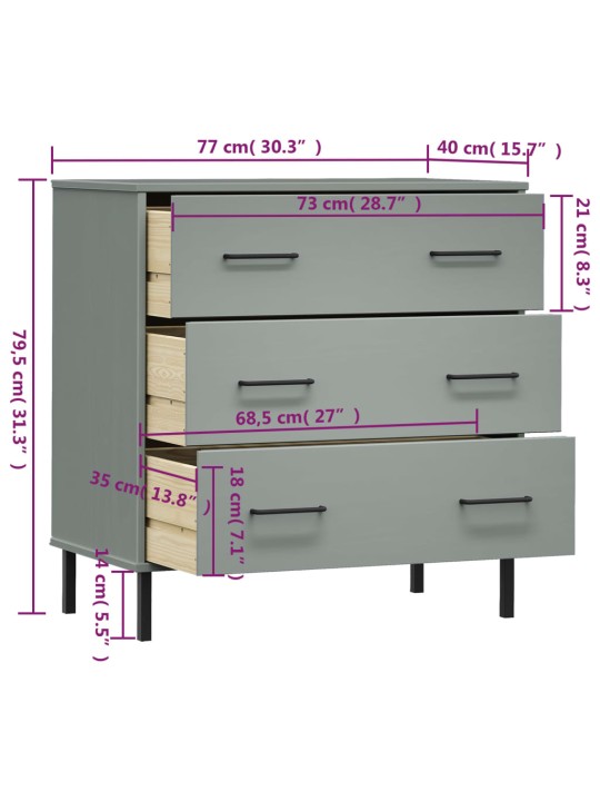 Senkki 3 laatikolla harmaa 77x40x79,5 cm täyspuu OSLO