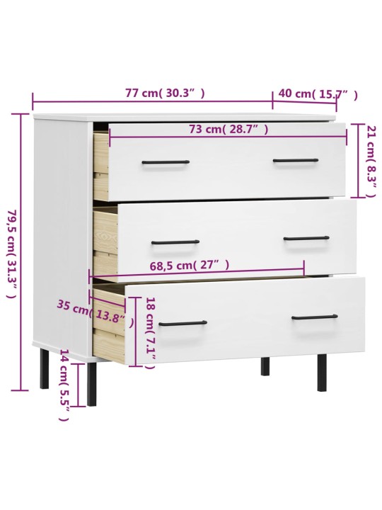 Senkki 3 laatikolla valkoinen 77x40x79,5 cm täyspuu OSLO