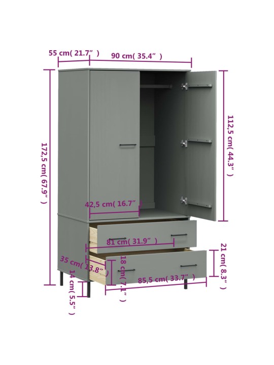 Vaatekaappi metallijaloilla harmaa 90x55x172,5 cm täyspuu OSLO