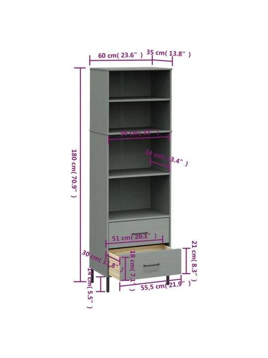 Kirjahylly 2 laatikolla harmaa 60x35x180 cm täyspuu OSLO