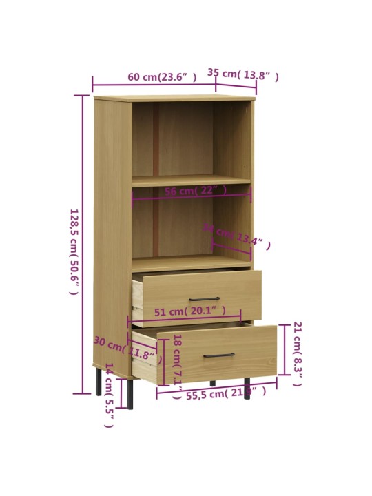 Kirjahylly 2 laatikolla ruskea 60x35x128,5 cm täyspuu OSLO