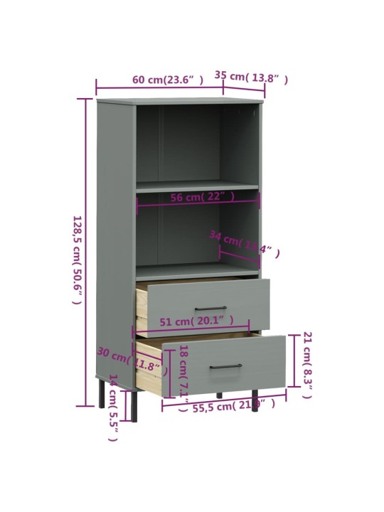 Kirjahylly 2 laatikolla harmaa 60x35x128,5 cm täyspuu OSLO