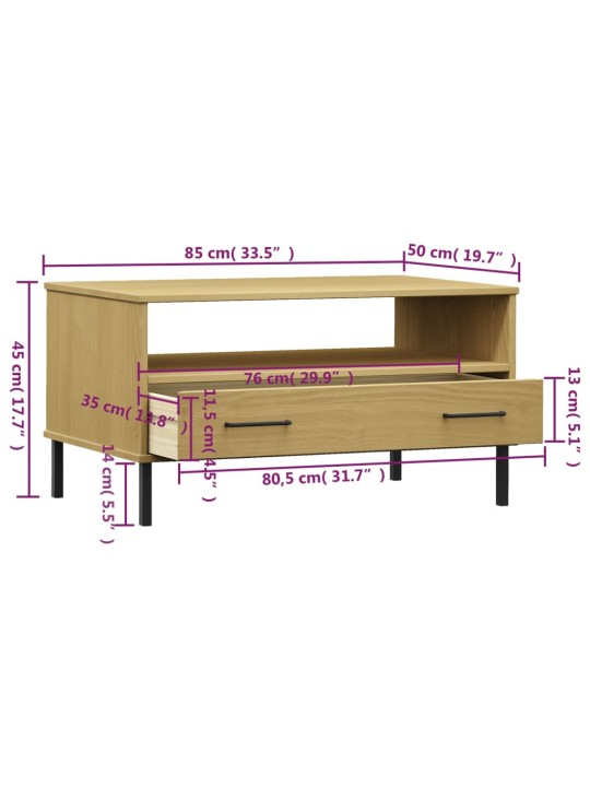 Sohvapöytä metallijaloilla ruskea 85x50x45 cm täyspuu OSLO