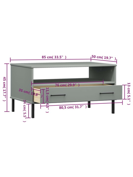 Sohvapöytä metallijaloilla harmaa 85x50x45 cm täyspuu OSLO