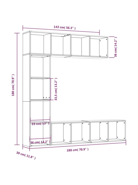3-osainen Kirjahylly/TV-kaappisarja ruskea tammi 180x30x180 cm