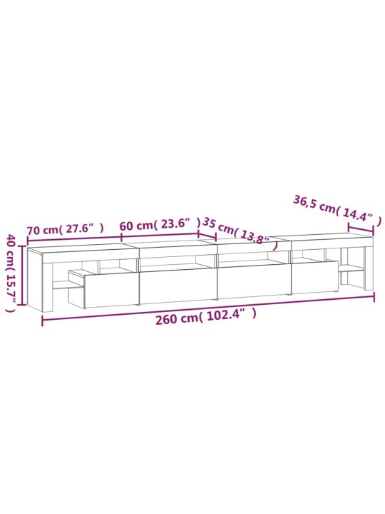 TV-taso LED-valoilla betoninharmaa 260x36,5x40 cm