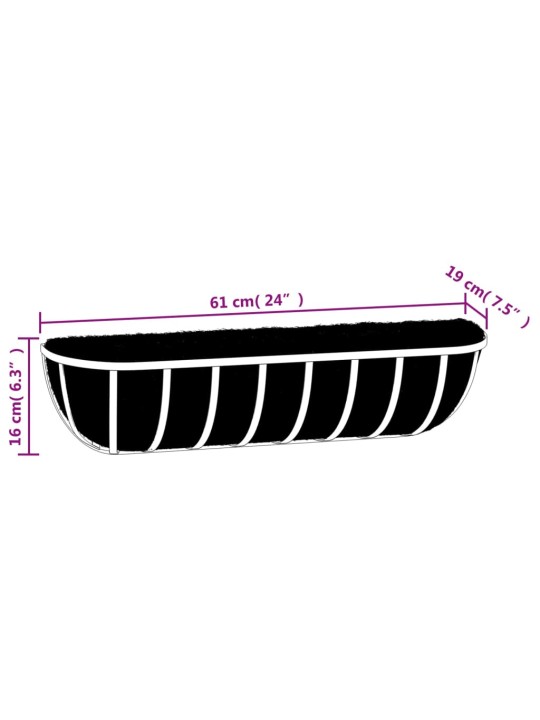 Seinäkukkalaatikot 2 kpl kookosvuori musta 61x19x16 cm teräs