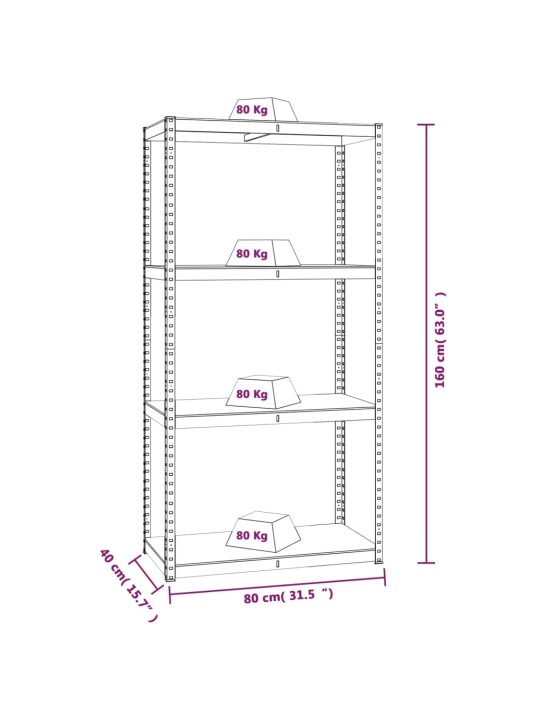 4-tasoiset Varastohyllyt 4 kpl hopea teräs ja tekninen puu