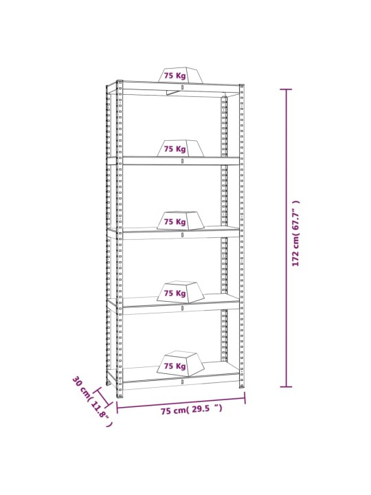 5-tasoiset Varastohyllyt 4 kpl hopea teräs ja tekninen puu