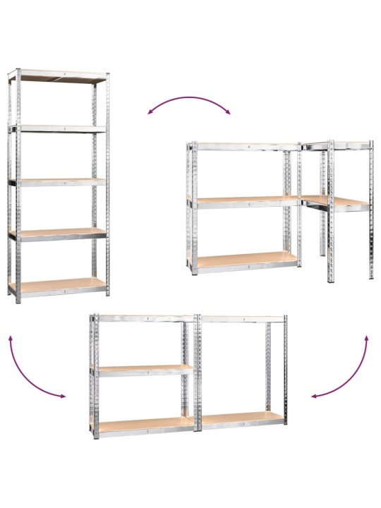5-tasoiset Varastohyllyt 5 kpl hopea teräs ja tekninen puu