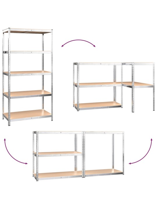5-tasoiset Varastohyllyt 5 kpl hopea teräs ja tekninen puu