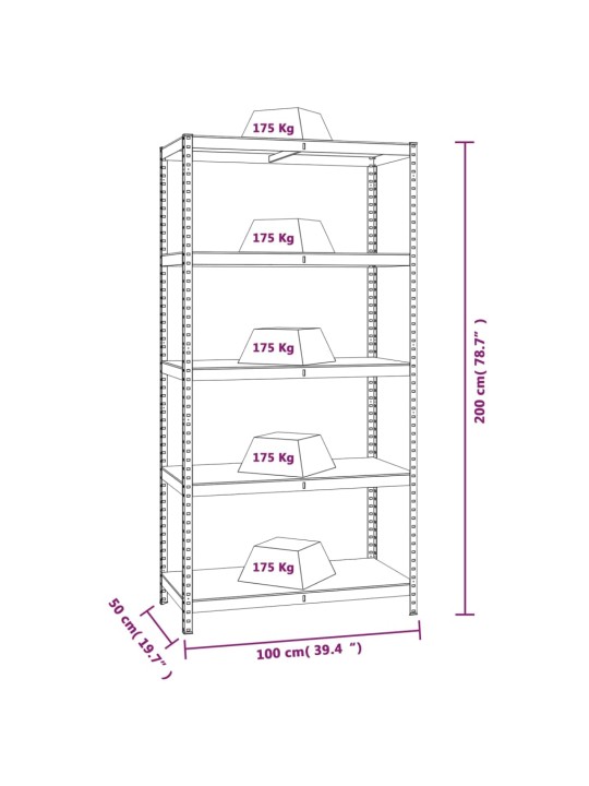 5-tasoiset Varastohyllyt 5 kpl hopea teräs ja tekninen puu