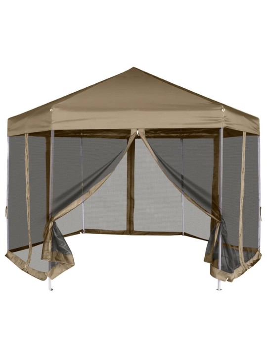 Kuusikulmainen pop-up katos sivuseinillä 3,6x3,1m Taupe 220g/m²