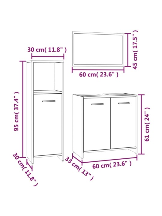 3-osainen Kylpyhuoneen kalustesarja ruskea tammi tekninen puu