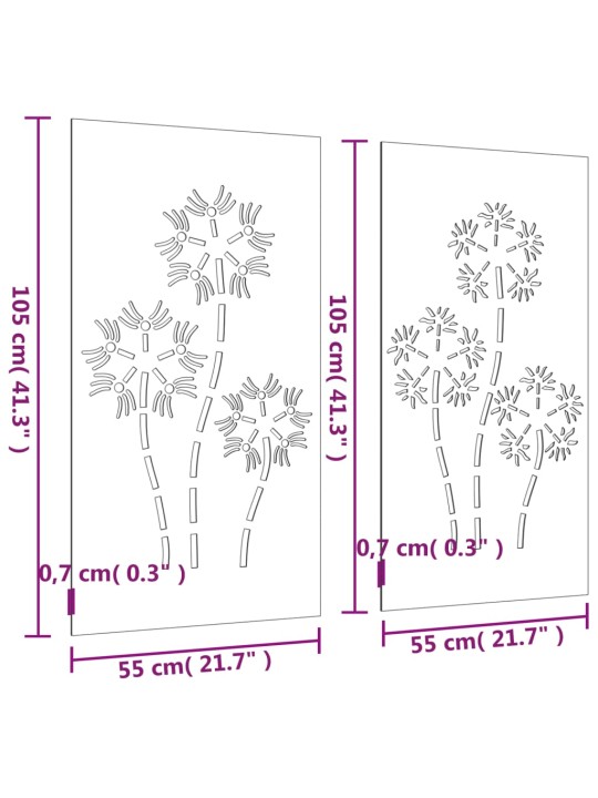 Puutarhaseinäkoristeet 2 kpl 105x55 cm corten teräs kukkakuvio