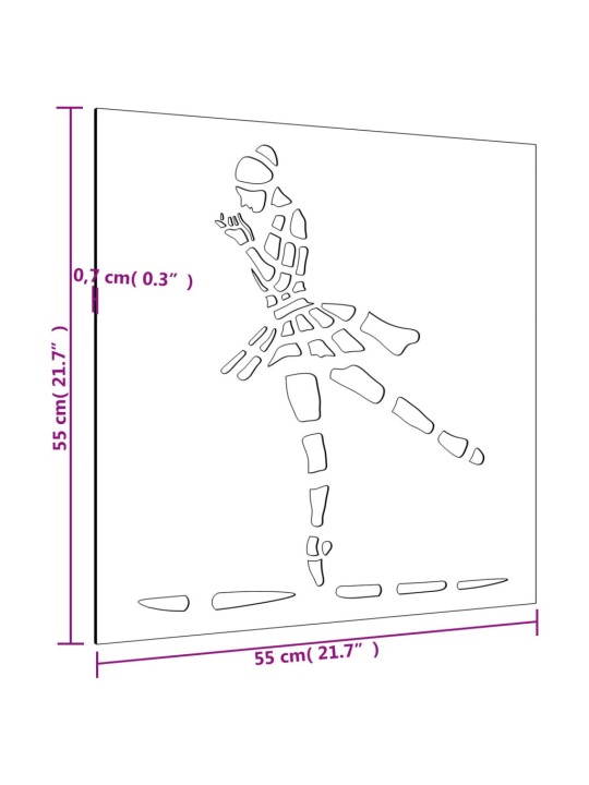 Puutarhaseinäkoriste 55x55 cm corten teräs balettitanssijakuvio