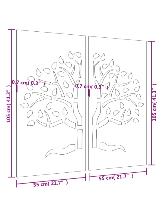 Puutarhaseinäkoristeet 2 kpl 105x55 cm corten teräs puukuvio