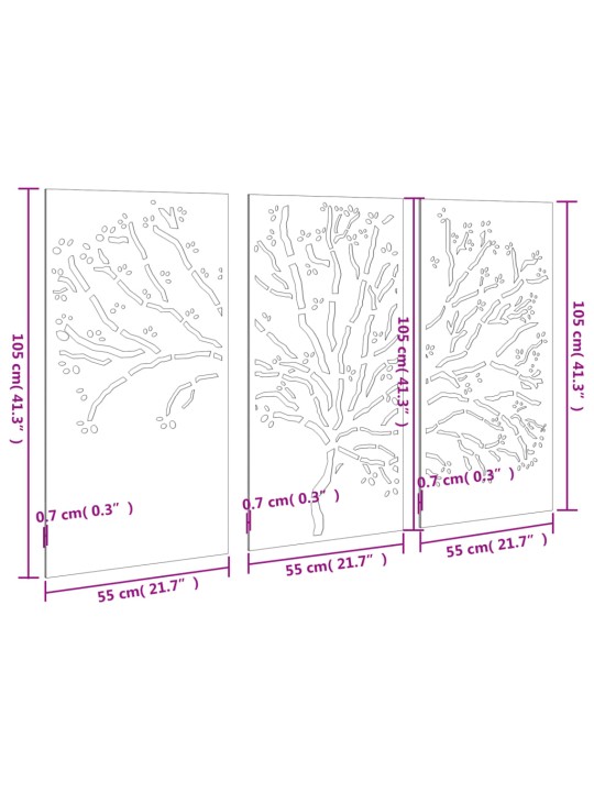 Puutarhaseinäkoristeet 3 kpl 105x55 cm corten teräs puukuvio