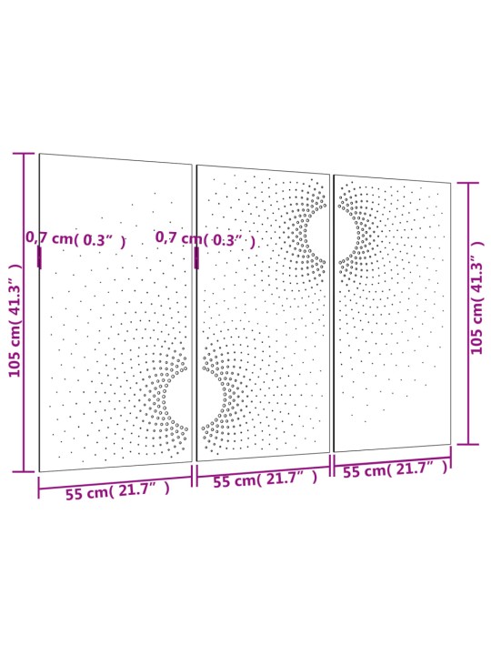 Puutarhaseinäkoristeet 3kpl 105x55 cm corten teräs aurinkokuvio