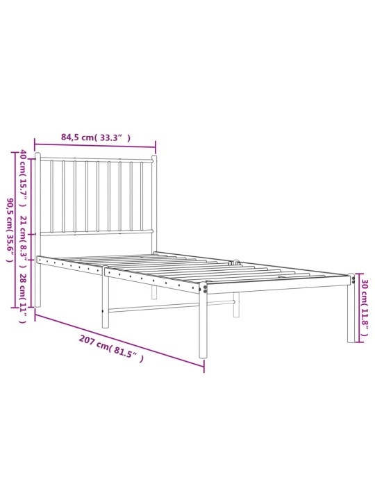 Metallinen sängynrunko päädyllä musta 80x200 cm