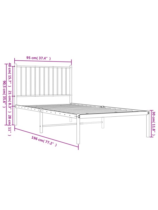 Metallinen sängynrunko päädyllä musta 90x190 cm