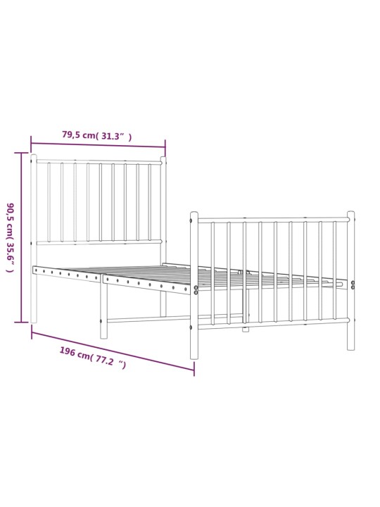 Metallinen sängynrunko päädyillä musta 75x190 cm