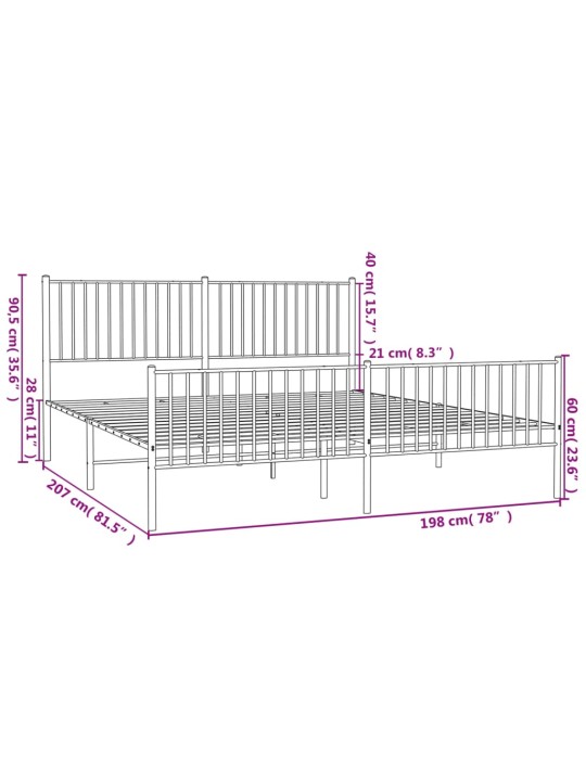 Metallinen sängynrunko päädyillä musta 193x203 cm